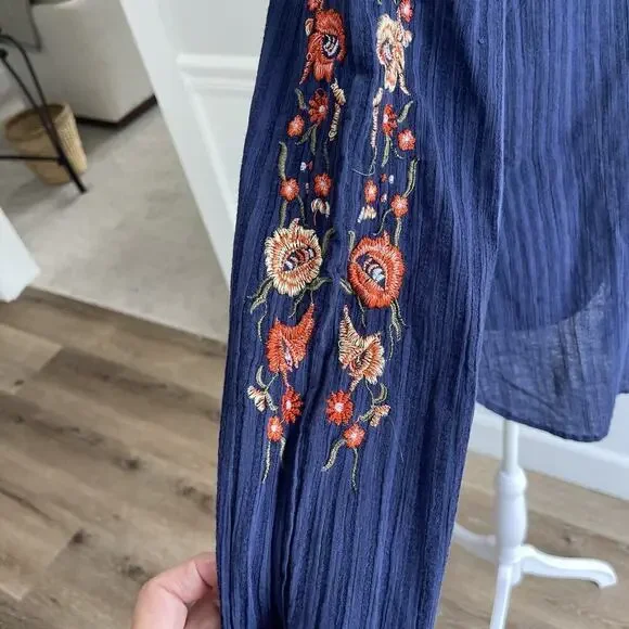 Sonoma Women L Embroidered Button Up Shirt Collared Cotton Gauzy Top Blue Tunic - Picture 2 of 10